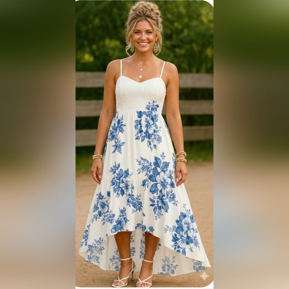Homecoming Cottage Farmhouse XL Lace Floral Ruffle Maxi High Low